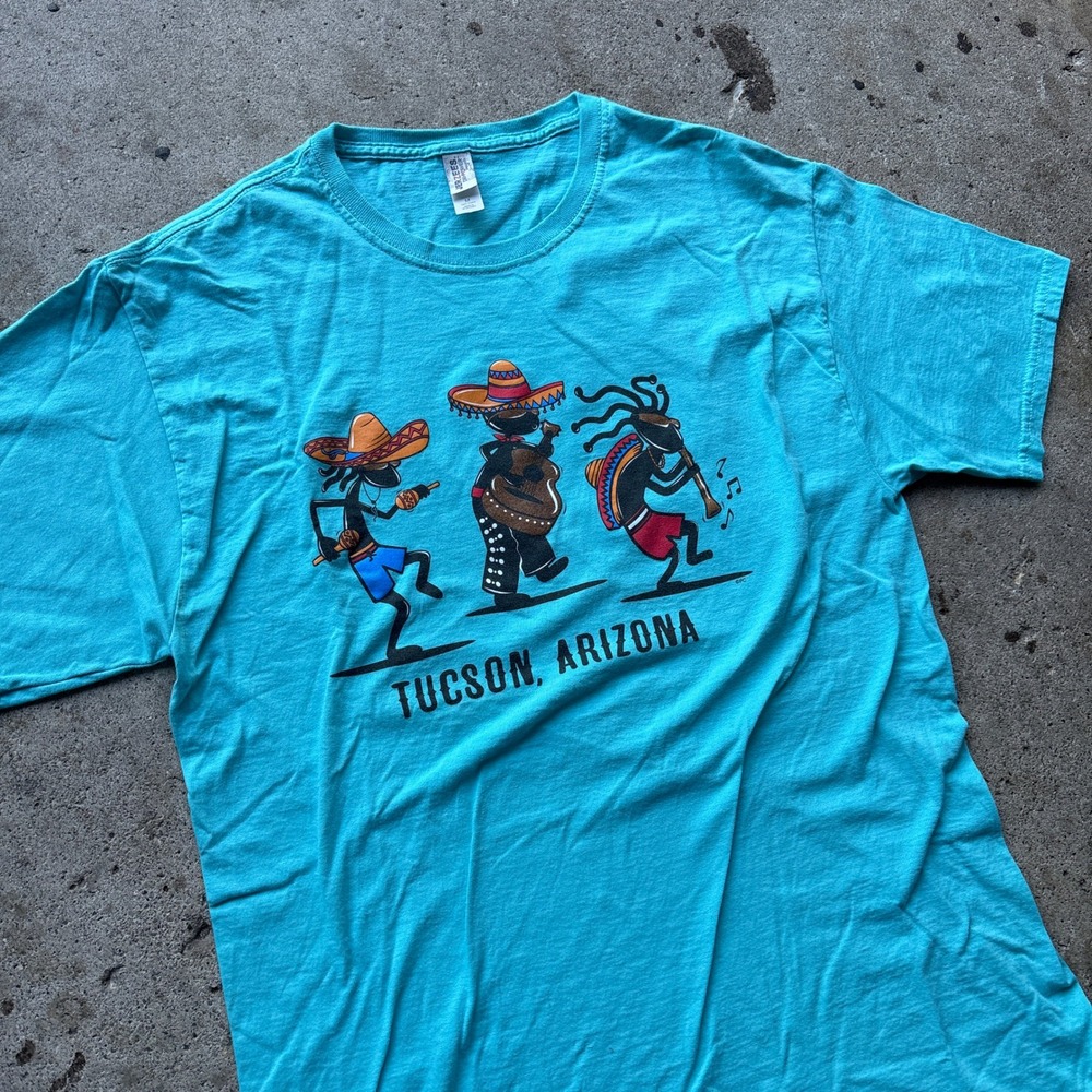 Jerzees Dri-Power Tucson Arizona Kokopelli Graphic T-Shirt Blue Turquoise Medium